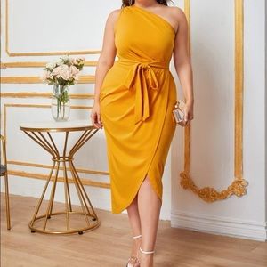 One Shoulder Self Belted Wrap Hem Dress